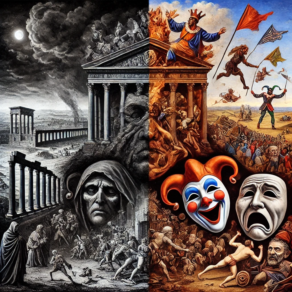 DALL·E 2024-09-11 21.23.35 - An artistic representation of the phrase 'History repeats itself, first as tragedy, then as farce.' The image shows two contrasting halves. On the lef