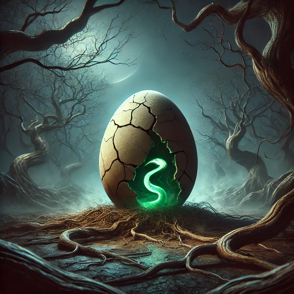DALL·E 2024-09-11 20.09.33 - A surreal and mysterious scene depicting 'The Egg of the Serpent.' An oversized, cracked egg sits in the middle of a dark, eerie forest, with thick, t